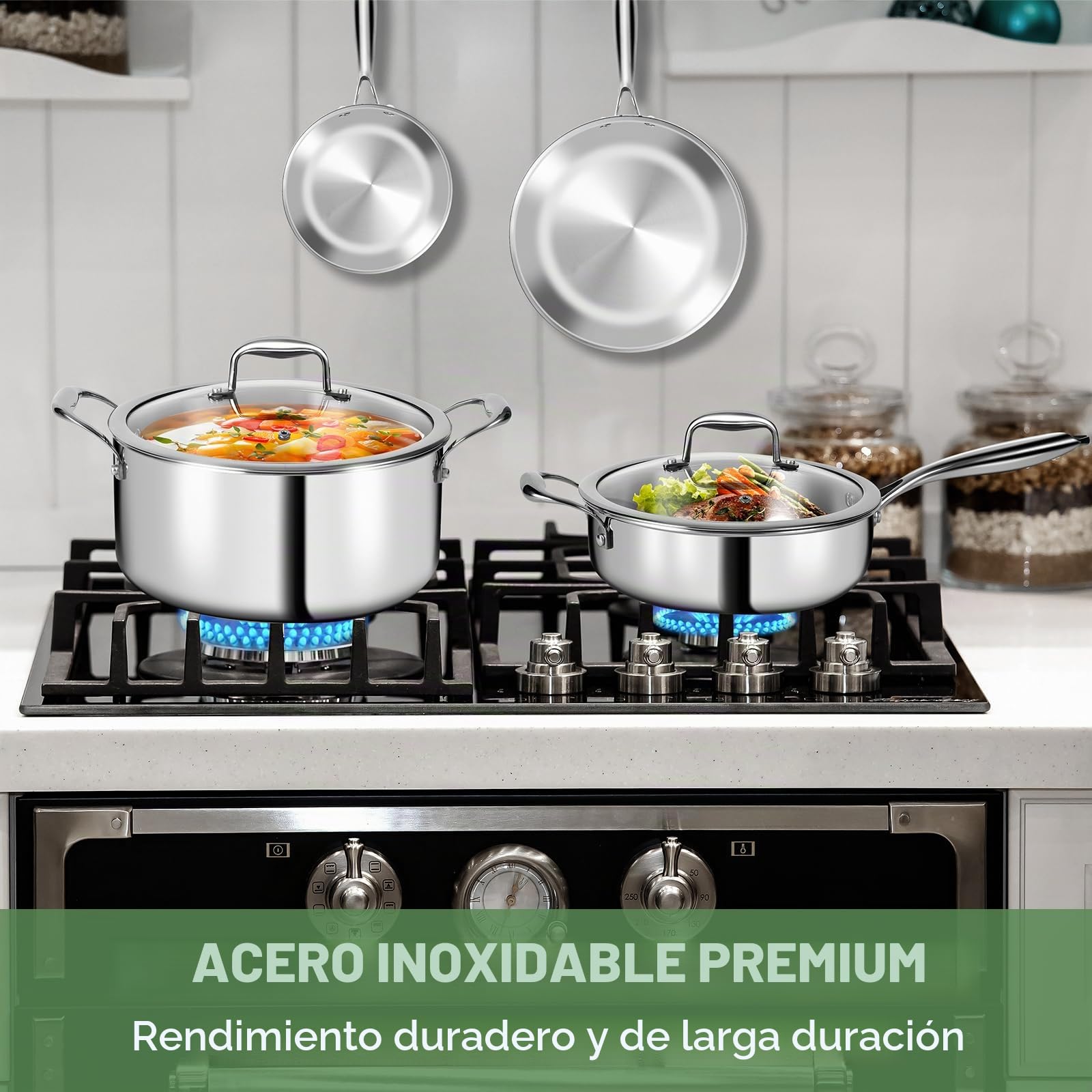 EWFEN Juego de utensilios de cocina de acero inoxidable de 3 capas con tapas, ollas y sartenes, no tóxico, inducción, horno, lavavajillas, calidad profesional