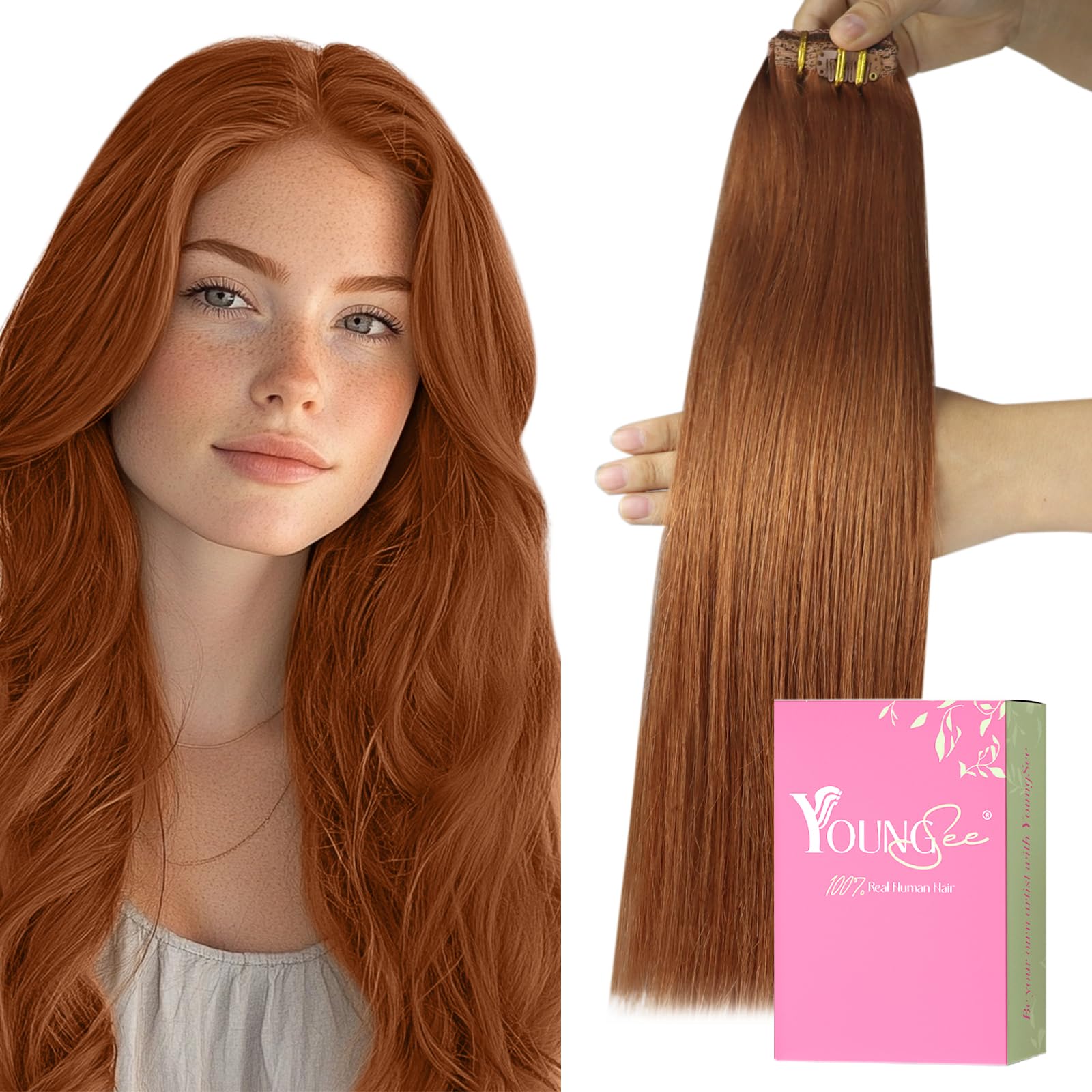 YoungSee Clip in Extensions Echthaar Kupfer,Clip in Extensions Glattes,Clips Hair Extension Menschliches fur Damen,45 cm,120g,7 Stücke,330