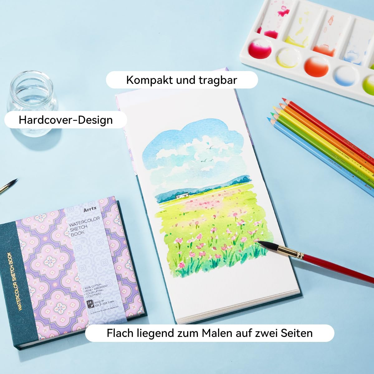 Arrtx Square Aquarellpapier Skizzenbuch, 5.47x5.47'', 140 LB, 300 GSM, 100% Baumwollpapier, Cold Press, 24 Blätter, Hardcover Aquarell Journal für den Einsatz als Reisebuch für Künstler Erwachsene Stu