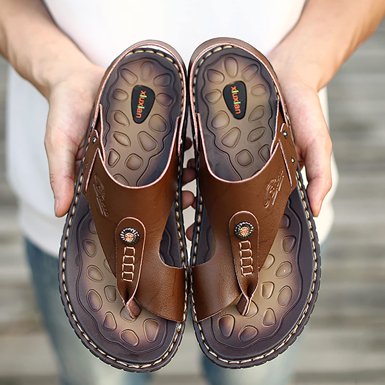 Chanclas Hombre Cuero Sandalias Verano Antideslizante Piscina Playa Flip Flops(Size:43 EU,Color:Marron Oscuro)