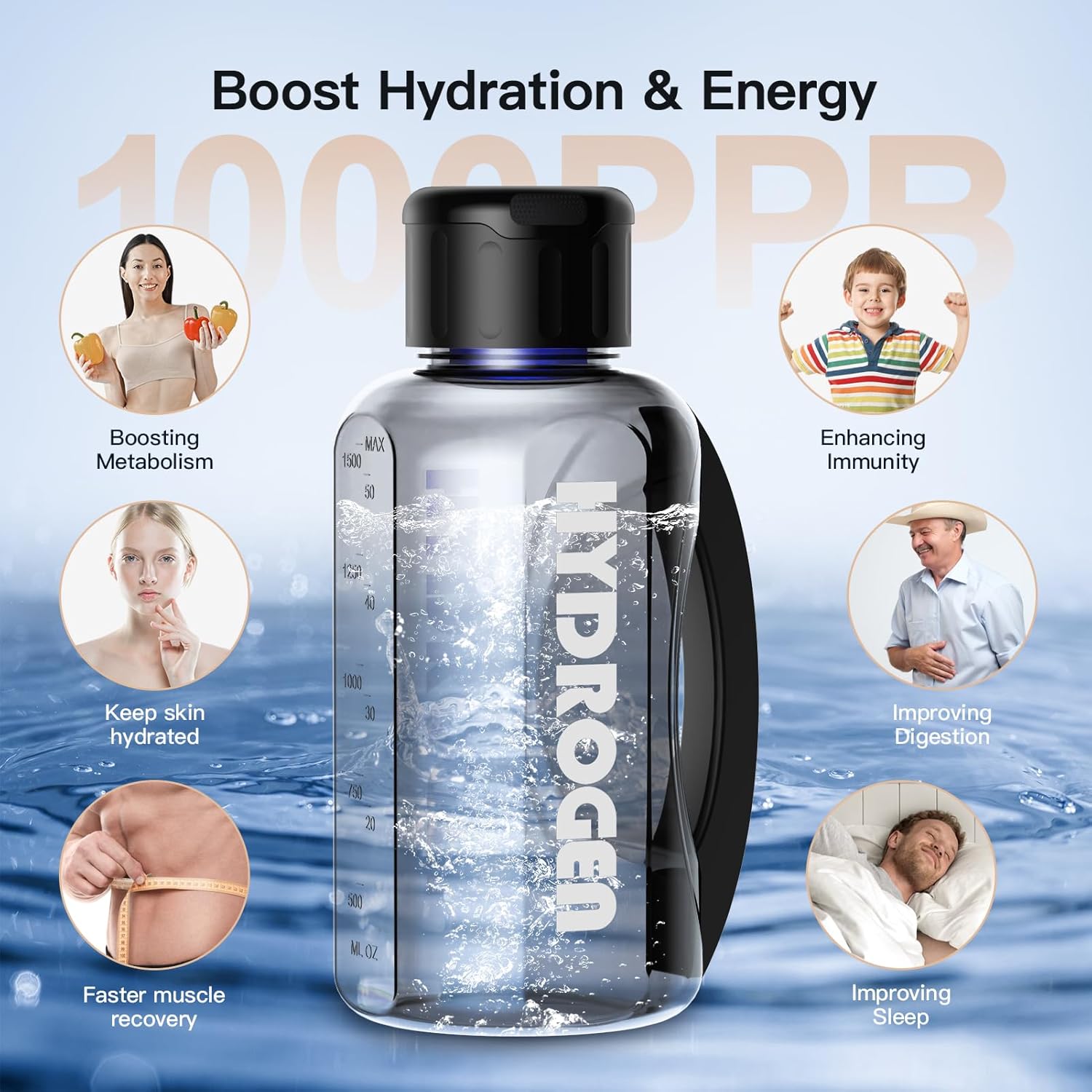 Hydrogen Water Bottle Generator, 50 Oz 1200ppb Portable Water Ionizer Machine with PEM Technology in 6-Minute Electrolysis, Rechargeable Hydrogen Rich Glass Cup for Home Office Travel & Fitness