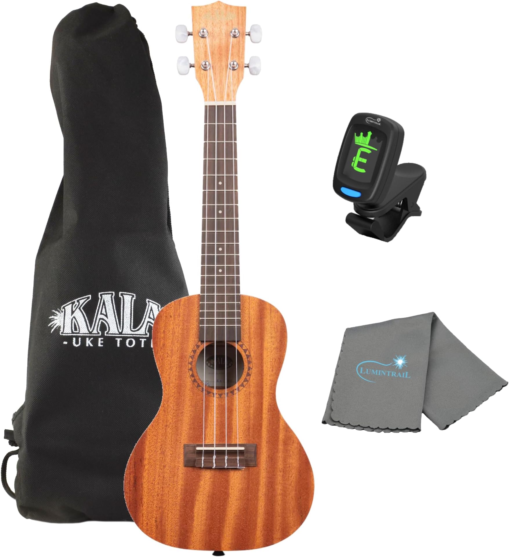 KalaSatin Mahogany Concert Ukulele KA-15C Bundle with a Tuner and Polishing Cloth