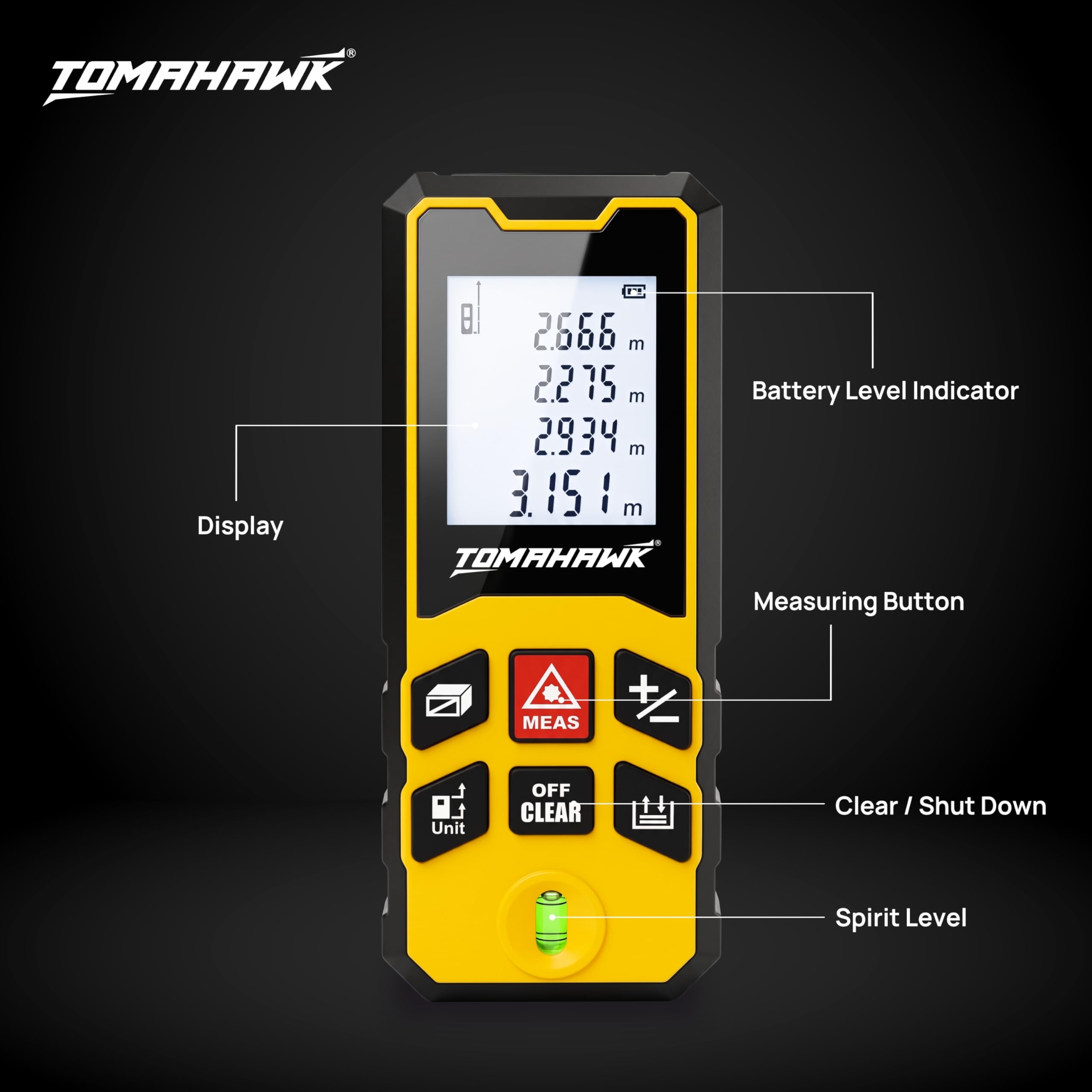 TOMAHAWK® TLM-O-40 Laser Distance Meter Measurer 131Ft/40M with Area, Volume and Pythagoras Measurement - Water and Dust Resistant Laser Measuring Device with Backlit LCD, Battery Included 4