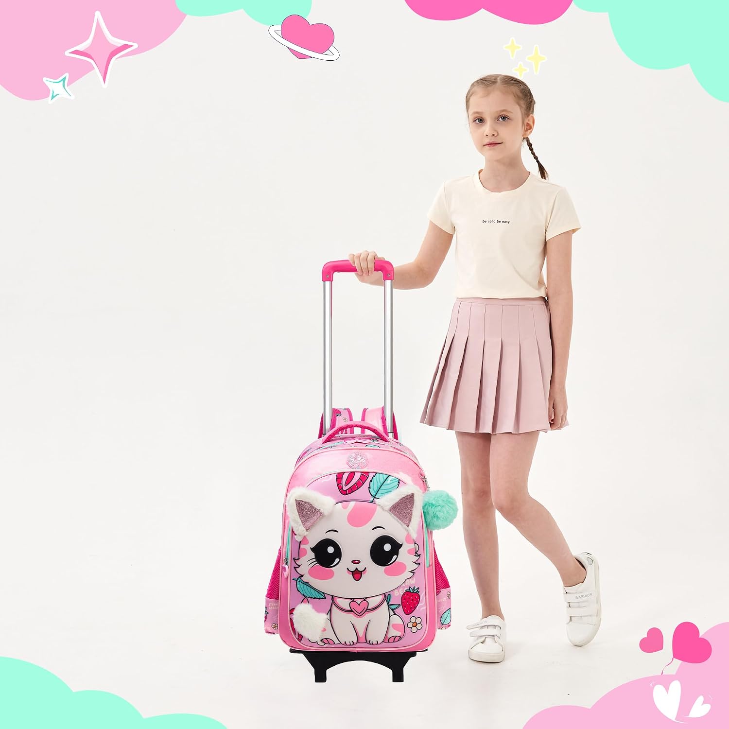 Cute Rolling Backpack for Girls School Backpacks with Wheels for Girls 8-12 Kawaii Rolling Backpack Kids Backpacks with Wheels Travel Luggage for Elementary Student
