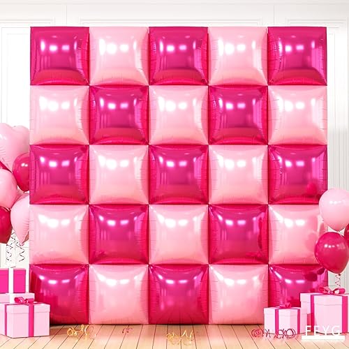 Hot Pink and Rose Double Sided Square Foil Balloons Wall,19 Inches Pink Metallic Foil Balloons Tunnel Arch Kit for Girls
