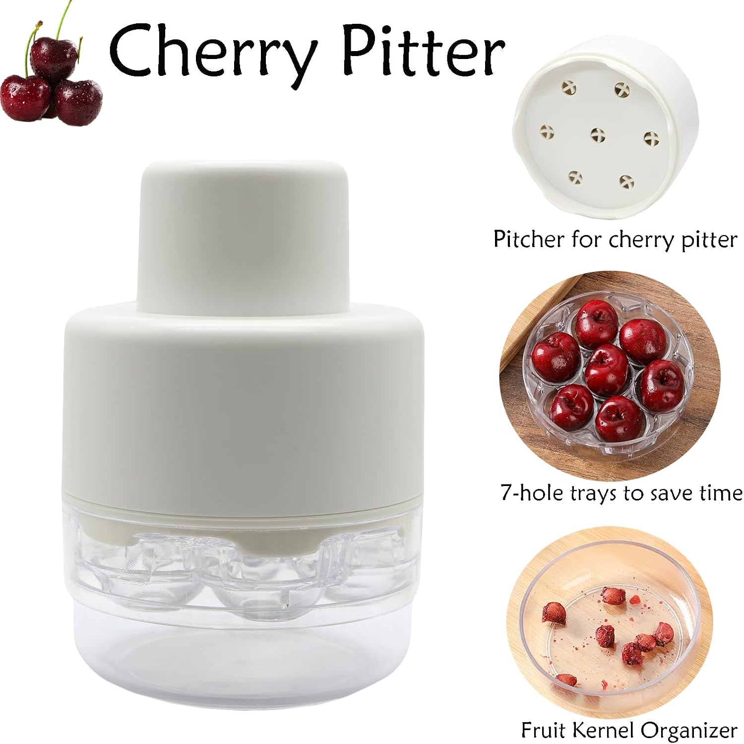 Cherry Pitter Tool,7-Hole Adjustable Fruit Seed Remover with Push-Down Design, Portable for Kitchen, Bakery & Fruit (White)