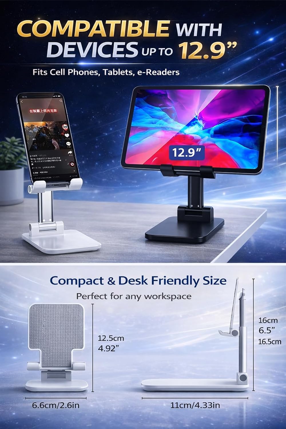 Adjustable Phone Stand for Desk, Foldable Cell Phone Holder with Height & Angle Adjustment, Anti-Slip Base, Compatible with iPhone, Android & Tablets, 2 Pack (Black & White)