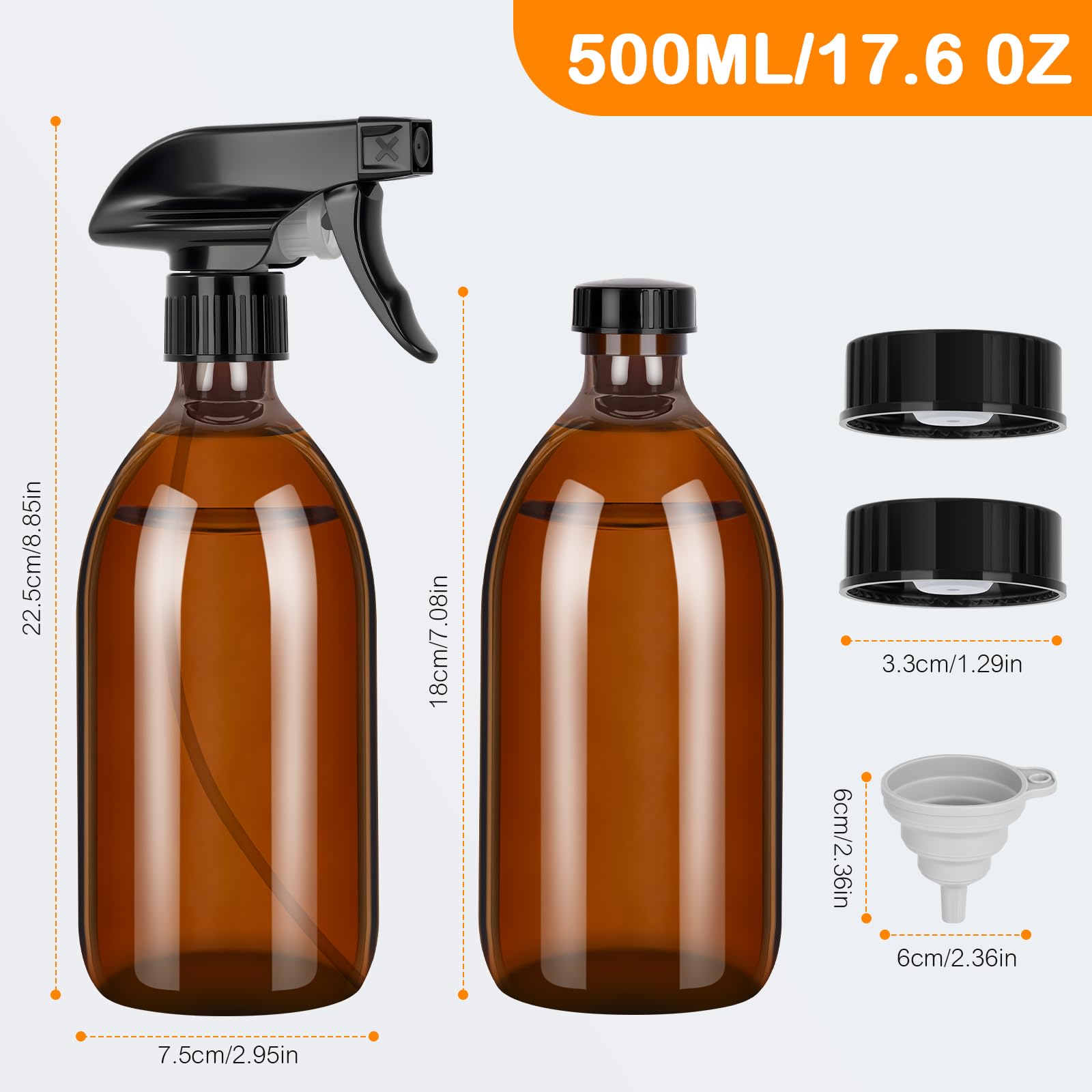 Bottiglie Spray Vuoto 2 X 500 ml Spruzzino Nebulizzatore, Ricaricabile Bottiglia Spray d'Acqua pray Bottle Confezione Flaconi Spray in Vetro Ambrato Ideale per Piante, Pulizia, Parrucchieri
