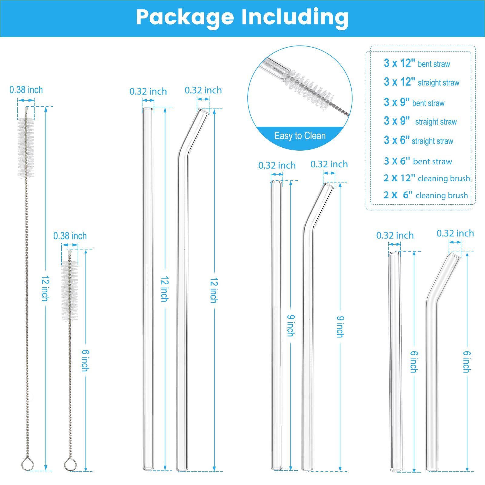 Wiederverwendbare Glas-Trinkhalme, bruchfest, Größe 30 x 8 mm, 15 x 8 mm, 15 x 8 mm, inklusive 9 geraden und 9 gebogenen transparenten Glasstrohhalmen mit 4 Reinigungsbürsten für 20, 30, 1,134 g