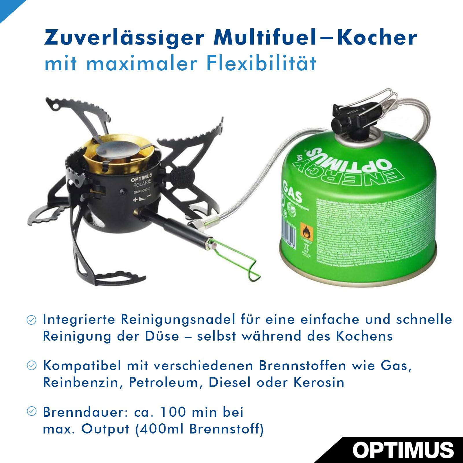Optimus Multifuelkocher Polaris Optifuel Kocher mit 400 ml Brennstoff Flasche