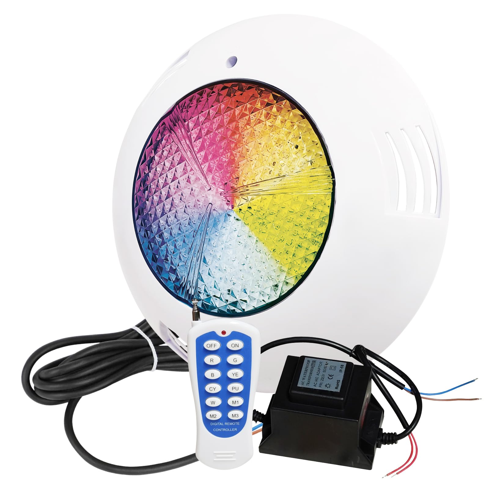 LED ATOMANT Foco de piscina LED 45W RGB, Luz para Piscina Impermeable IP68 Sumergible, Cable 1,5m, Con Transformador AC 220V/12V AC y Mando a distancia por control remoto