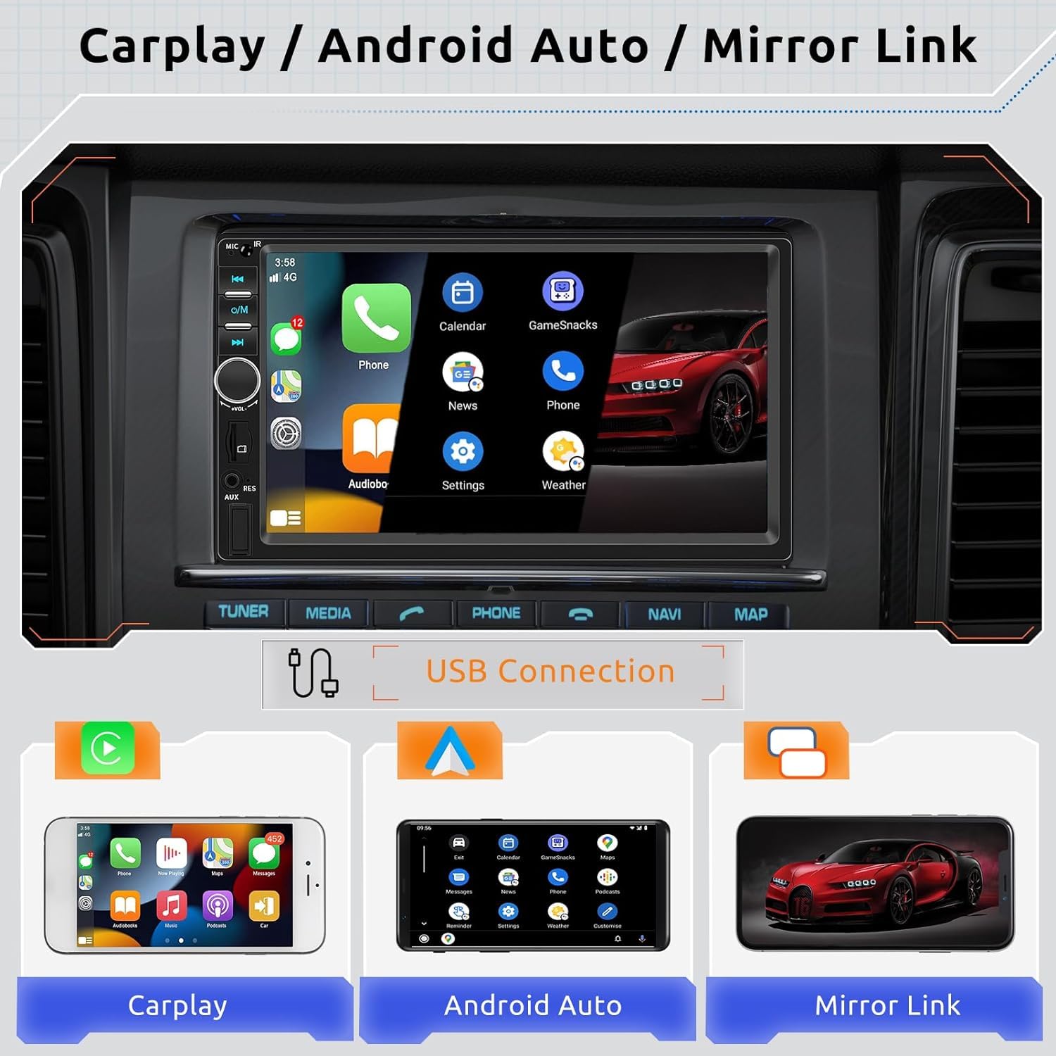 Hodozzy Double DIN Car Stereo with Carplay & Android Auto : Amazon