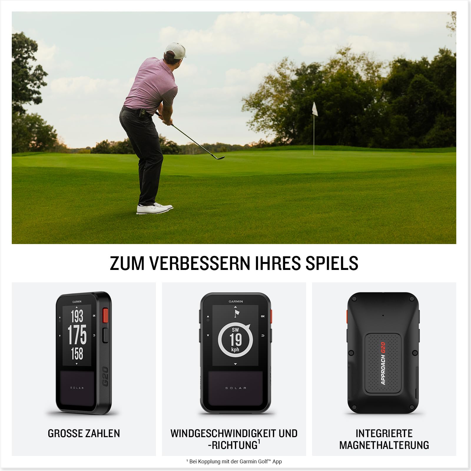 Garmin Approach G20 Solar - Golf-Handgerät mit 2,2"-Display, Solarladung für eine Lange Akkulaufzeit, Entfernungsangaben zu Hindernissen und zum Grün und über 43.000 Golfplätze weltweit