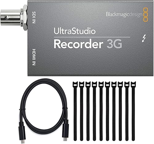 Blackmagic Design UltraStudio Recorder - Paquete de dispositivos de captura 3G con cable USB-C Thunderbolt 3 (40 Gbps) (100 W, 1.6 ft) y bridas de