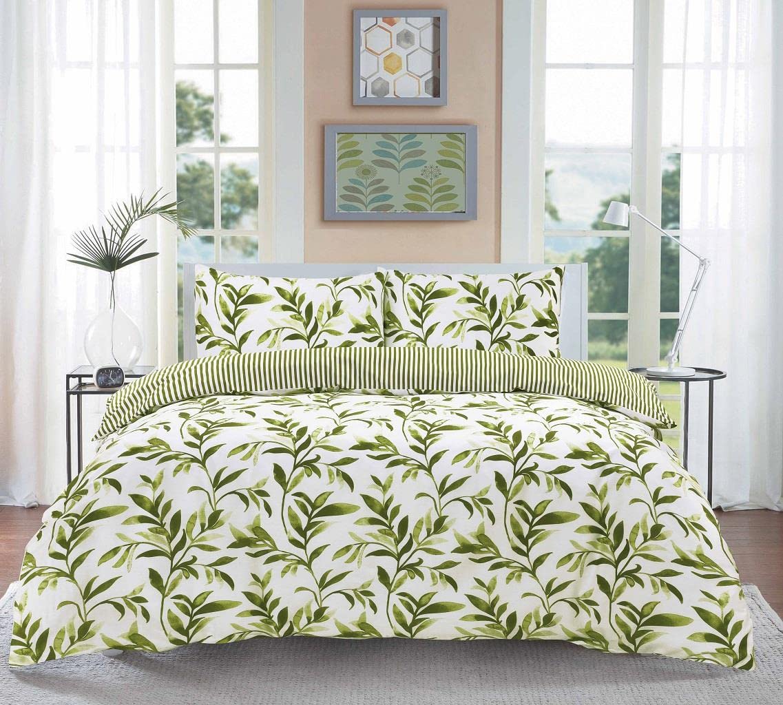 Homespace Direct Ellie Green Watercolour Leaves Duvet Cover Set Striped Reverse Fully Reversible Bedding - Single