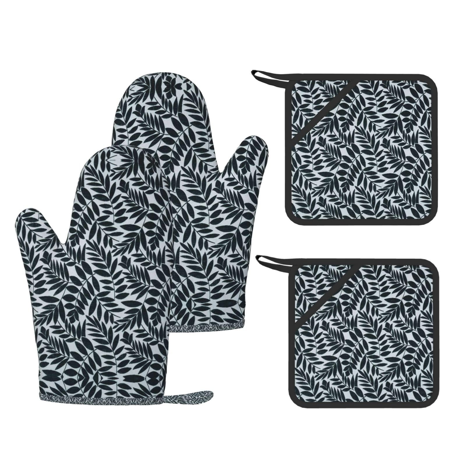 Eeprty Black Leaves Printed Kitchen Oven Gloves And Potholder 4 Pcs, Non-Slip Heat Resistant Mitts For Baking Chef