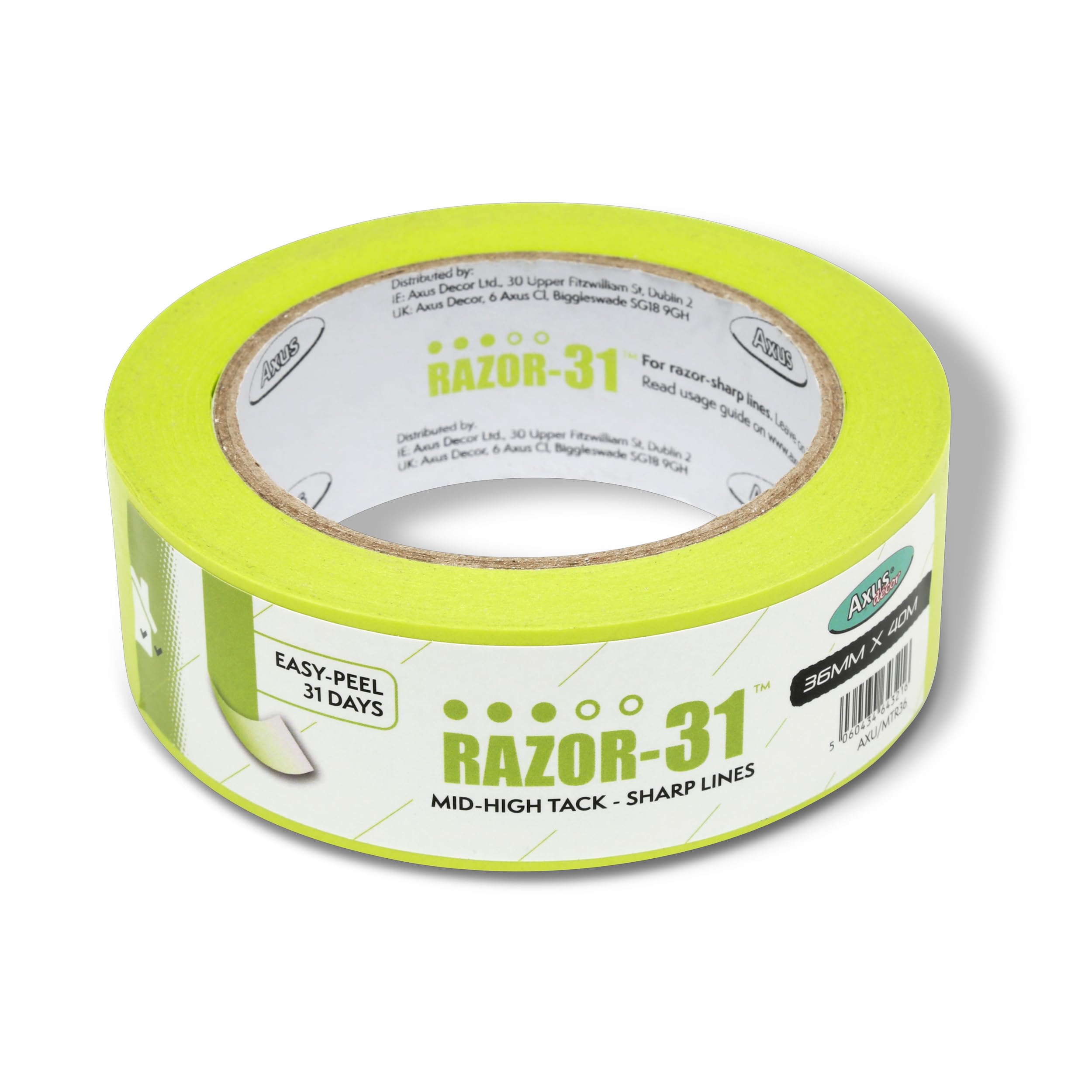 Axus Decor Razor-31 Mid High Tack Masking Tape - 36mm x 40m - Painting Tape For Surfaces and Carpet, Residue Free Removal, For Painting Decoration & DIY Projects, Lime Green