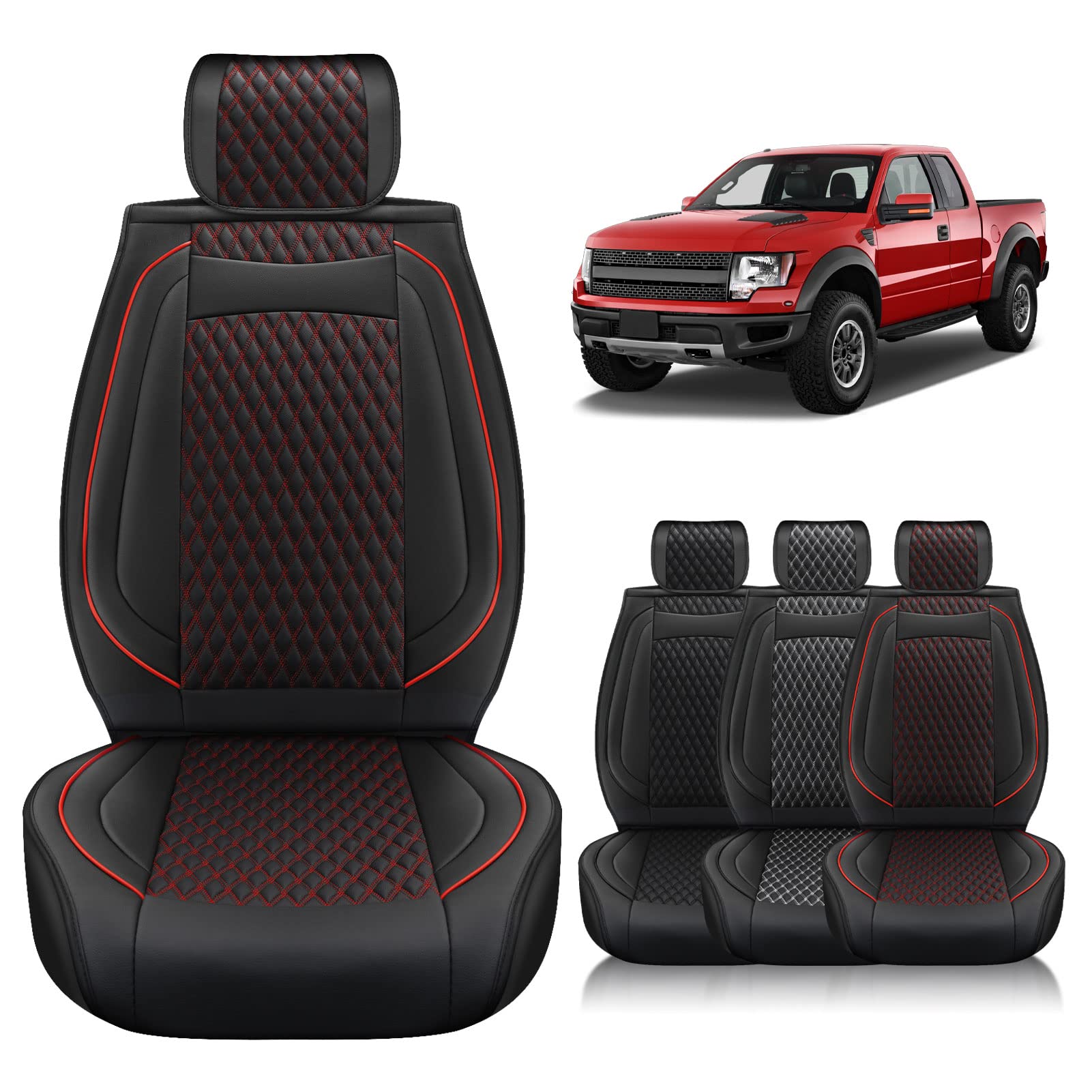 Octomo Truck Seat Covers for 2009-2023 Ford F150, 2017-2023 F250 F350 F450 Super Duty Crew Cab and More Custom Fit Waterproof Leather Pickup Front Back Seat Cover 2pc, Black Red