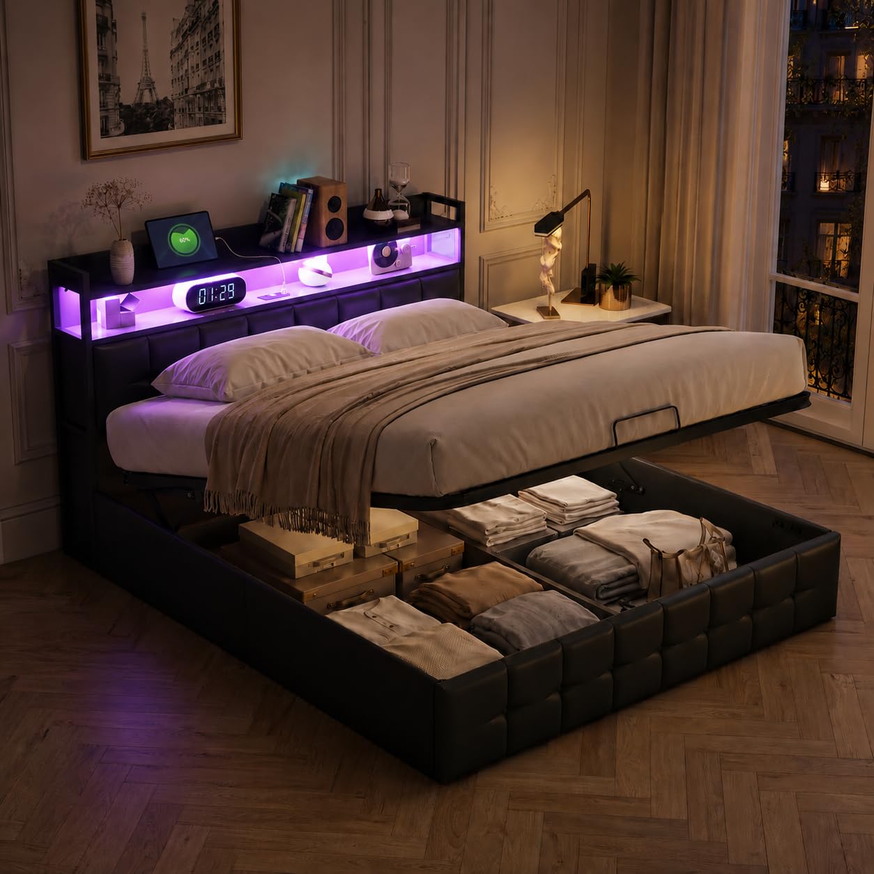 Cama de Matrimonio 140x200 con Almacenaje y Cabecero, Cama Doble Tapizada con LED y USB-C Camas Matrimoniales 140x200 con Hidráulica Almacenaje Marco de Cama matrimonial Tela de PU Negro, Sin Colchón
