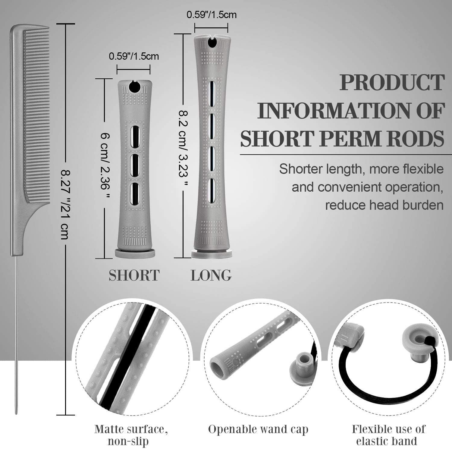 48 Pieces Hair Perm Rods Short Cold Wave Rods Plastic Perming Rods Hair Curling Rollers Curlers with Steel Pintail Comb Rat Tail Comb for Hairdressing Styling Supplies (0.59 Inch, Gray£©