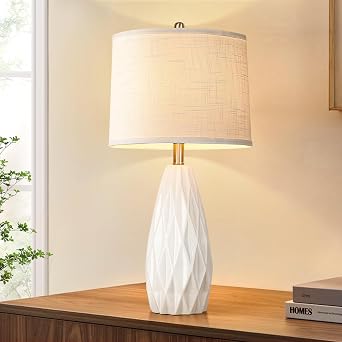 25 Table Lamp White Table Lamps Modern Ceramic Lamps for Night Stand - Dimmable Bedside Lamps for Nightstand, Bedroom Lamp for Living Room Desk End Table Office Guest Room