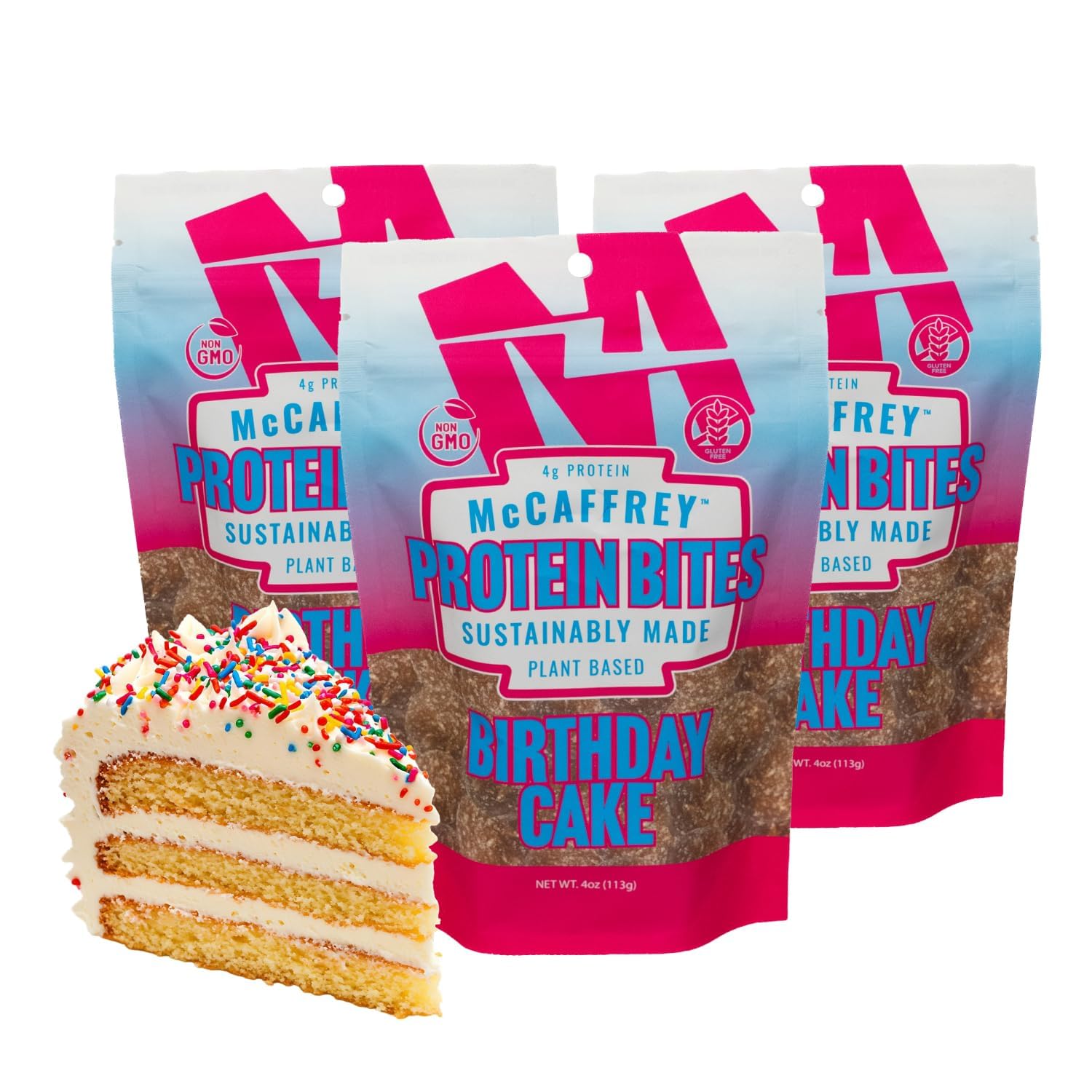 McCaffrey Birthday Cake Protein Bites Vegan Plant Based Snacks 12oz, 3 Pack | Soft Baked Texture | Nut Free Bulking Sweets | Certified Gluten Free | Fiber Rich Snacks & non-GMO | Made in the US