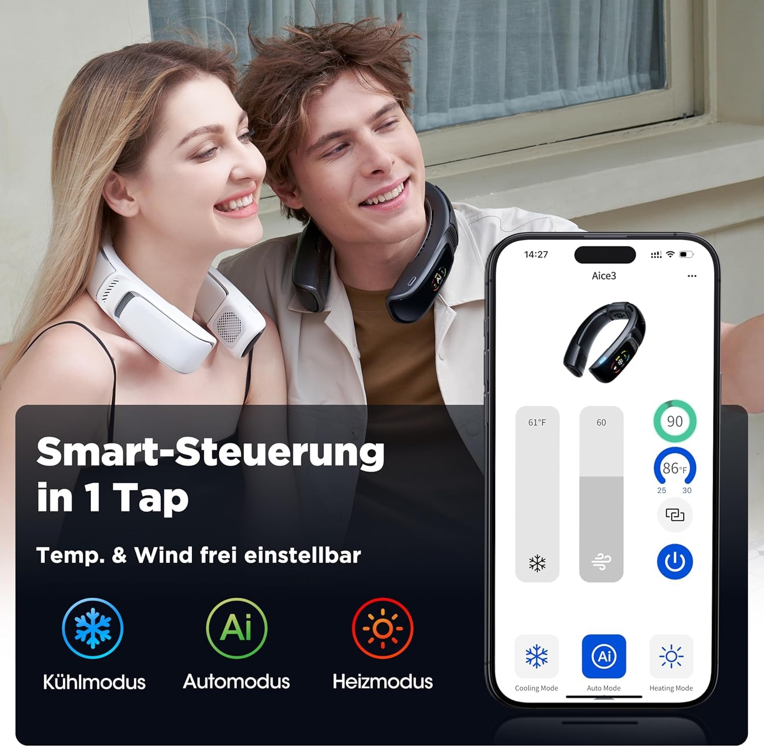 Nr.1 Kühlung AICE 3 AI Nacken-Klimaanlage 7000mAh 30H [Kühlung/Heizung] [Gesundheitsmonitor] Nackenventilator mit Kaltluft, App, wiederaufladbar, Musik, Anrufe, Geschenk, Eisweiß, ohne Ständer