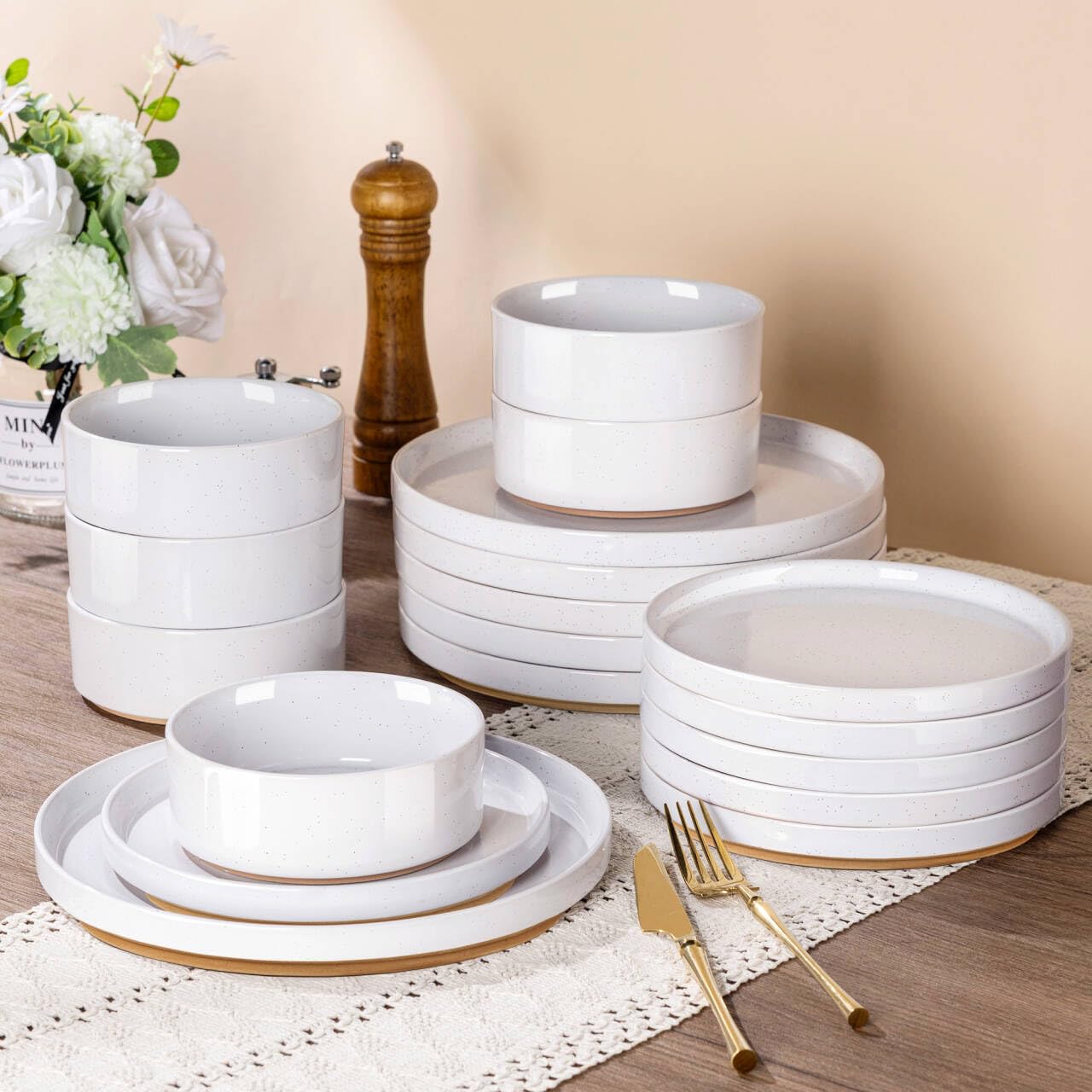 AmorArc Ceramic Dinnerware Set for 6 | Speckled Stoneware Plates and Bowls with Rustic Terracotta Underside| Scratch Resistant,Dishwasher & Microwave Safe Dishes Sets- 18pcs White