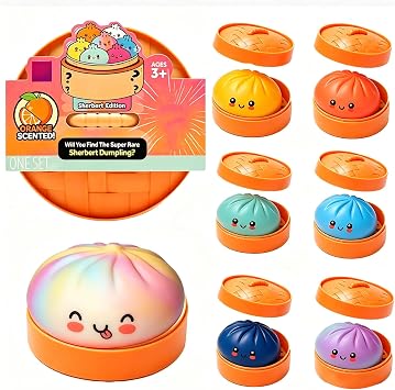 Mystery Dumpling Squishy Sherbert Edition, Random 1 of 7 Colors, Mystery Squishy with Box, Dumplings Stress Relief Squeeze Sensory for Holiday & Birthday Gifts
