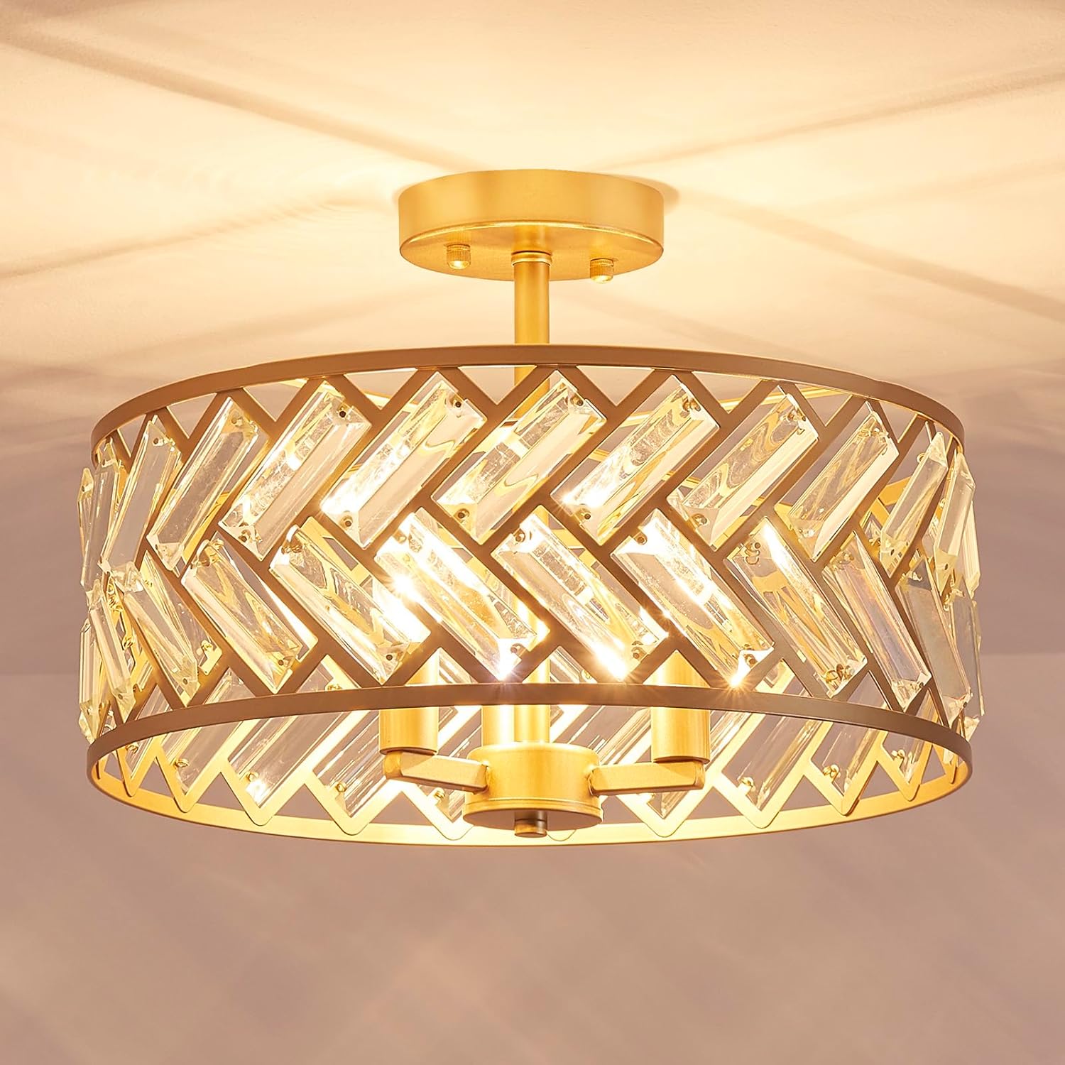 AGV LIGHTING CL052G K9 Crystal Ceiling Light, Flushmount Ceiling Light Fixture for Living Room, Close to Ceiling Modern Design, 3-Lights, D15 x H11 in, Clear Crystal & Gold Finish Frame Shining Gold