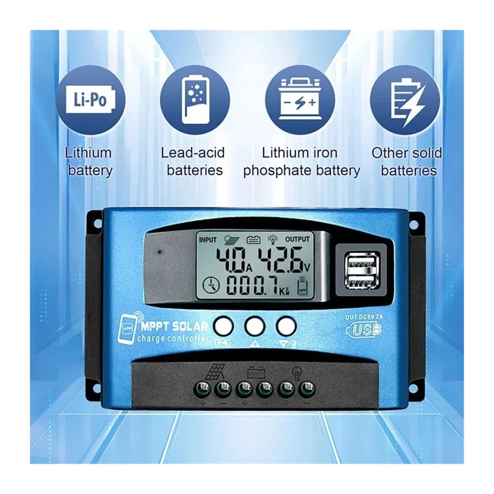 Kontroler ładowania słonecznego, 12V 24V 36V 48V 60V MPPT Regulator Ładowania Słonecznego Wyświetlacz LCD Z Bluetooth Podwójny Port USB Do Baterii Litowo-ołowiowej 100A 60A 40A 30A(Only 12V 24V,100A)