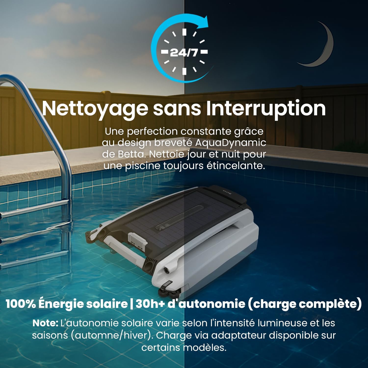 Skimmer de piscine robotisé solaire Betta SE blanc flottant à la surface de l'eau