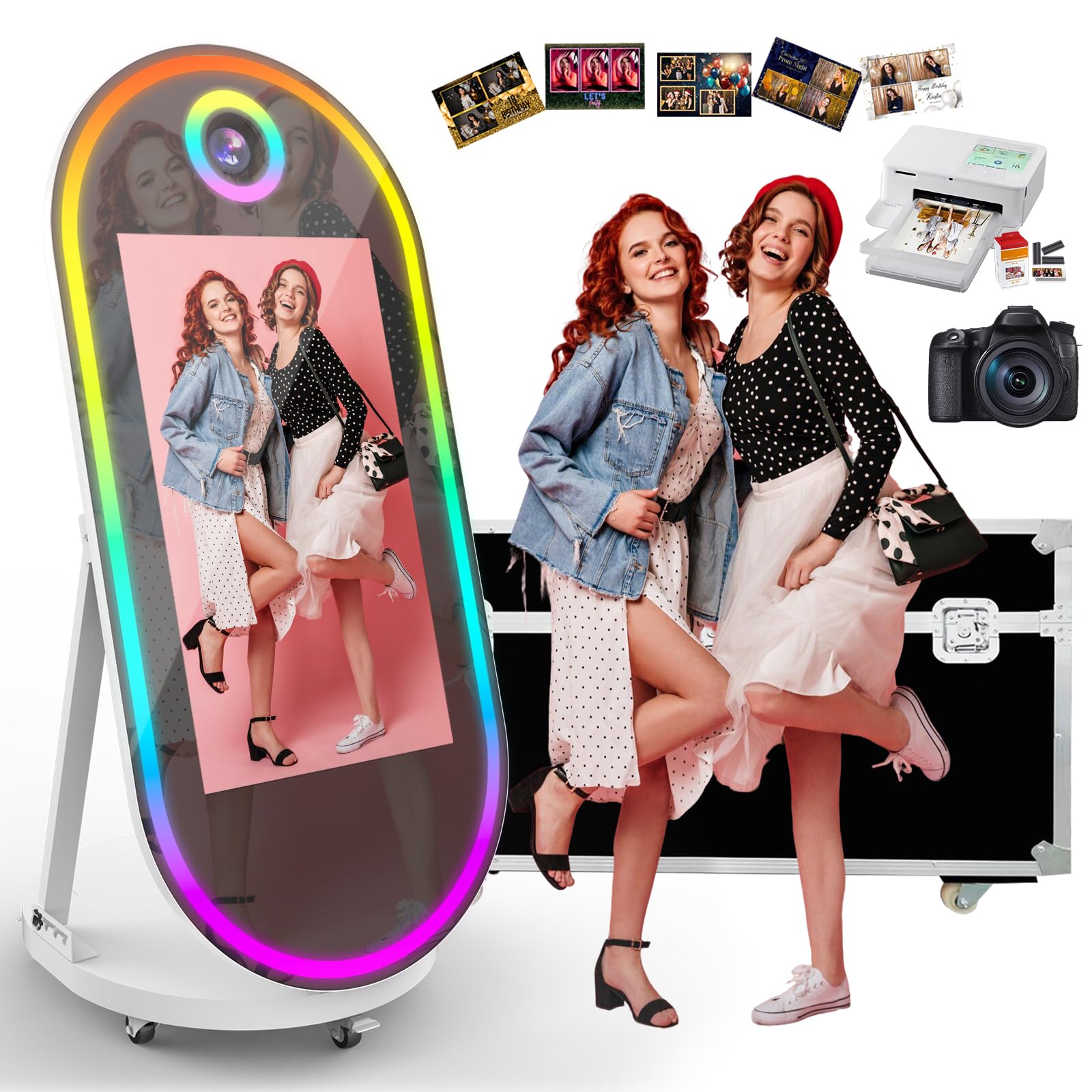 Magic Mirror Photo Booth, 60-32in Interactive Touch Screen Oval Photo Booth Machine,Remote Control RGB Light,Idea Instant Printing and Share for Event Rental Party (White Booth + Camera + Printer)