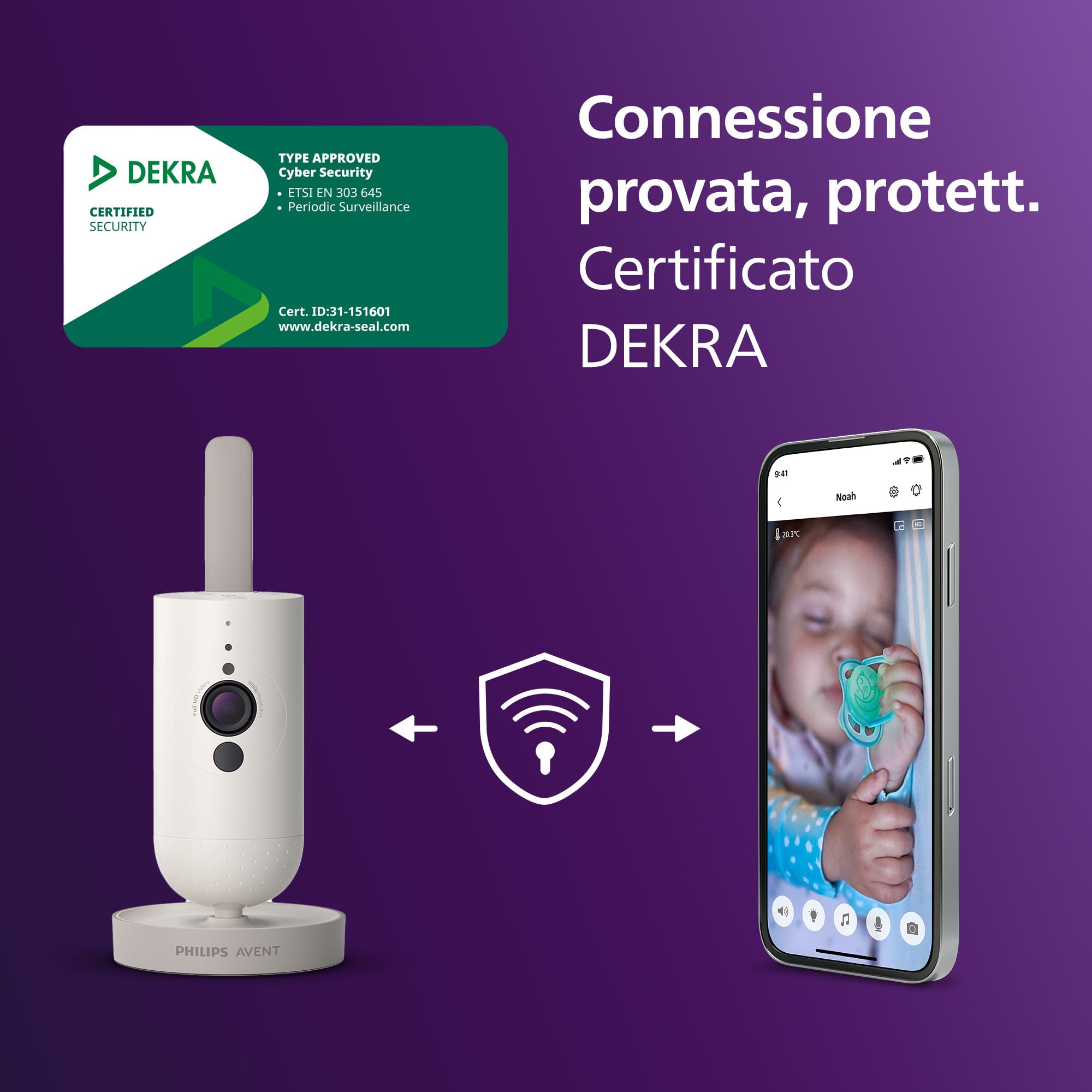 PHILIPS Avent SCD951/26 Baby Monitor Wi-Fi con Telecamera HD, Visione Notturna a Infrarossi, Rilevamento Pianto, Audio Bidirezionale, 12 Ore Autonomia