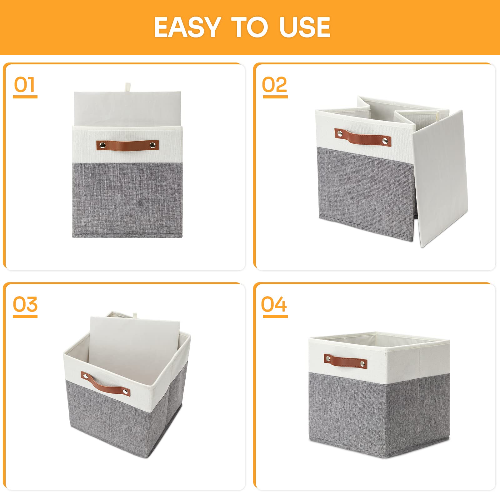 DULLEMELO Cestini Portaoggetti In Tessuto Pieghevoli - Set Da 4 Cubotti 33x33x33 Cm Con Manici In Pelle Per Scaffali E Armadi - Organizzazione Casa - 5