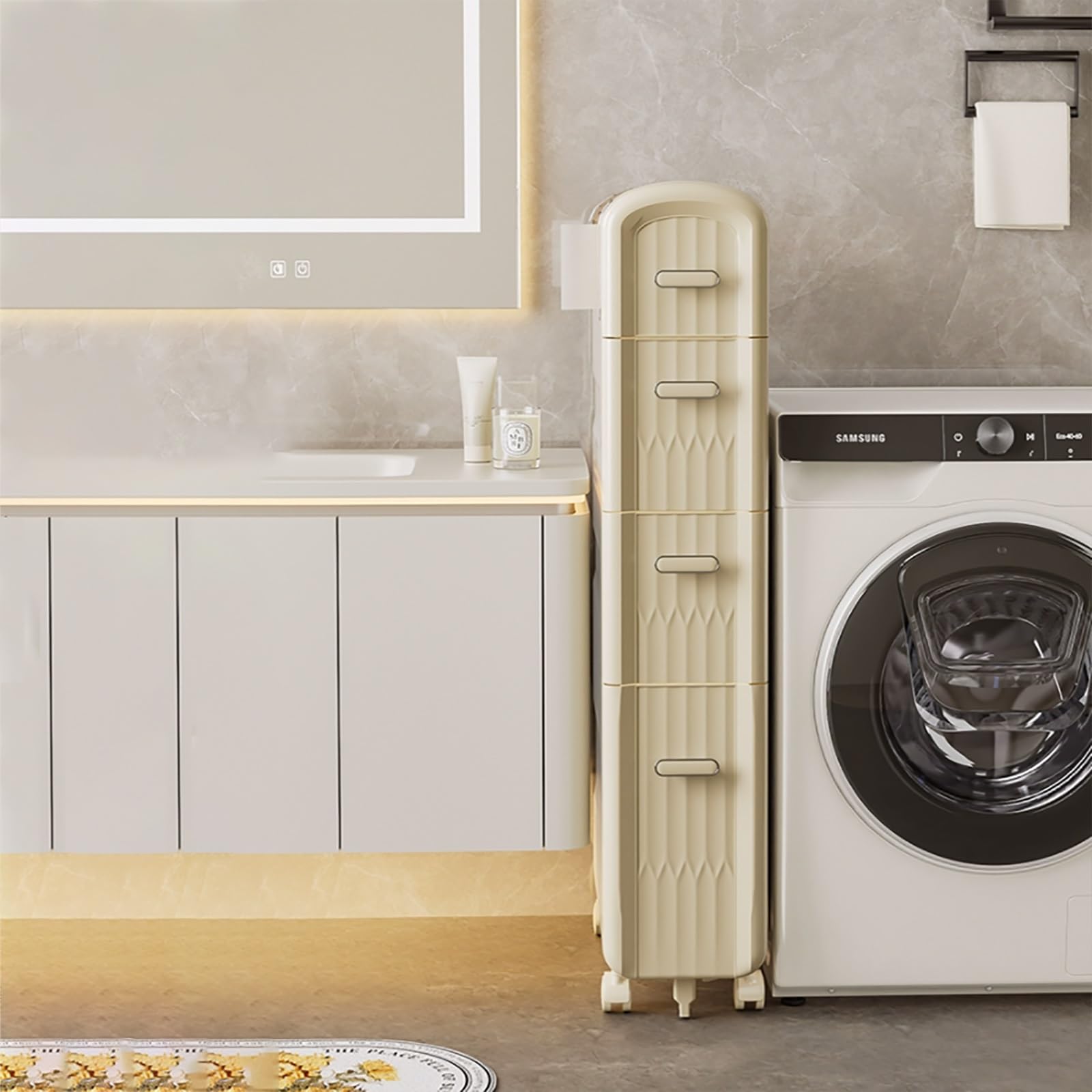 Armario de suelo para baño con soporte de papel higiénico blanco