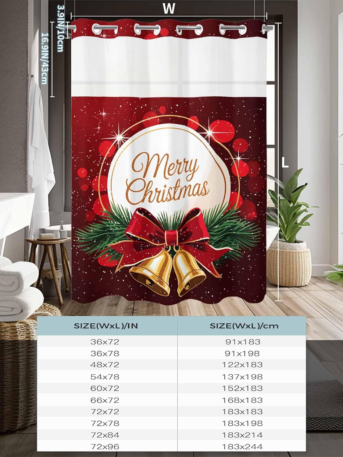 No Hook Shower Curtain, Merry Christmas Small Shower Curtains with Snap in Liner, Winter Xmas Pine Needle Sparkle Bells Waterproof Washable Fabric Bathroom Curtain Sets, 36" x 72"