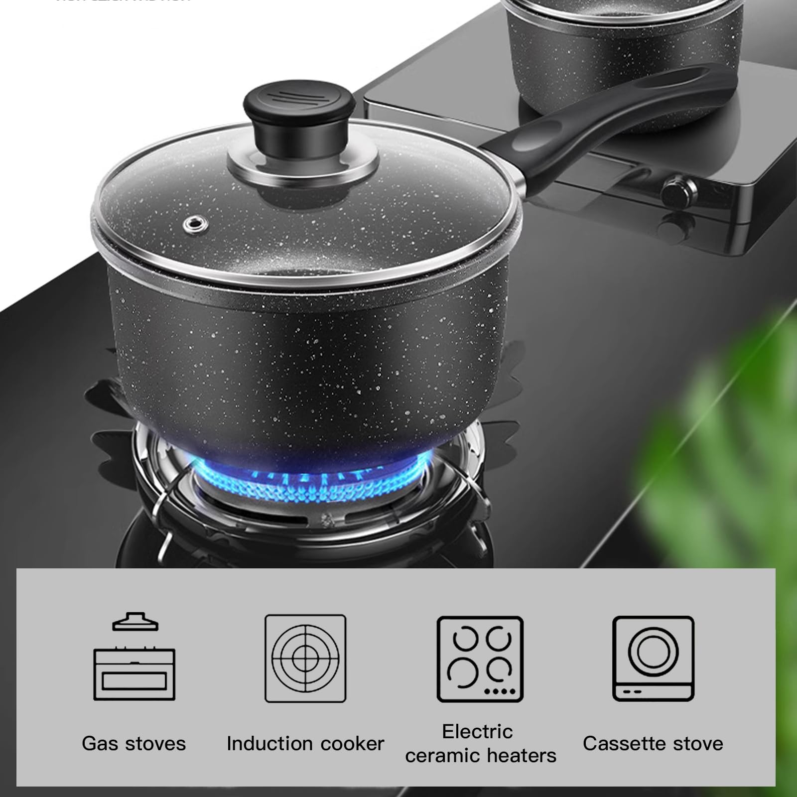MeYuxg Olla para Leche Con Tapa, Cacerola de 18 Cm, Cacerola de Inducción de 2 L Antiadherente, con Mango Extraíble para todo Tipo de Cocinas, Universal para Cocinas de Inducción y de Gas(Negro)