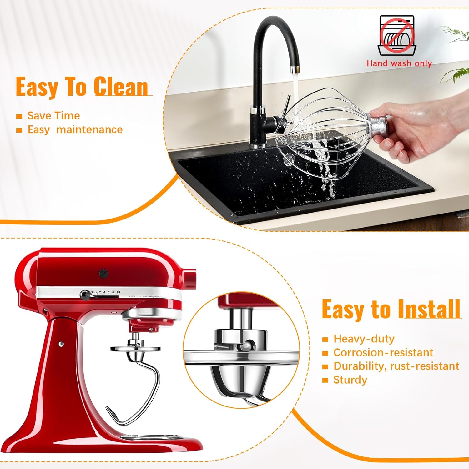 Kitchen Mixers Accessories for KitchenAid Stand Mixers, Stainless Steel Kitchen Mixer Attachment Includes K45WW Wire Whip, K45DH Dough Hook and K45B Flat Beater