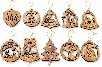 Zuluf Olive Wood Ornaments - Set of 12 Holy Land Flat Ornaments for Christmas Tree, Unique Nativity & Jesus Wood Decorations, Rustic Vintage Christmas Ornaments Set, Bulk Religious Wooden Crafts