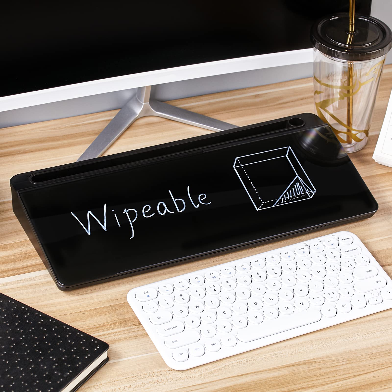DEWUR Lavagna in Vetro Nero, Lavagna Bianca da Scrivania Con Supporto per Telefono, Tablet e Tastiera - Organizer da Scrivania Con Accessori per Ufficio e Casa