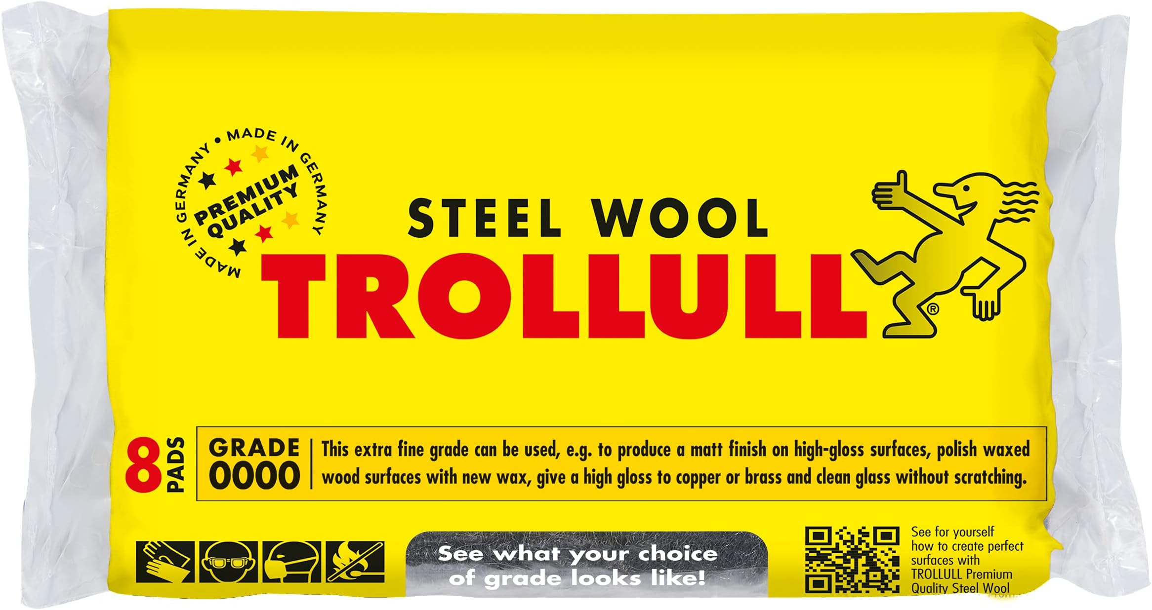 Steel Wool | Wire Wool extra-fine 0000 polishes waxed wood, copper, brass, and matt surfaces, cleans glass, 8 pads 200g