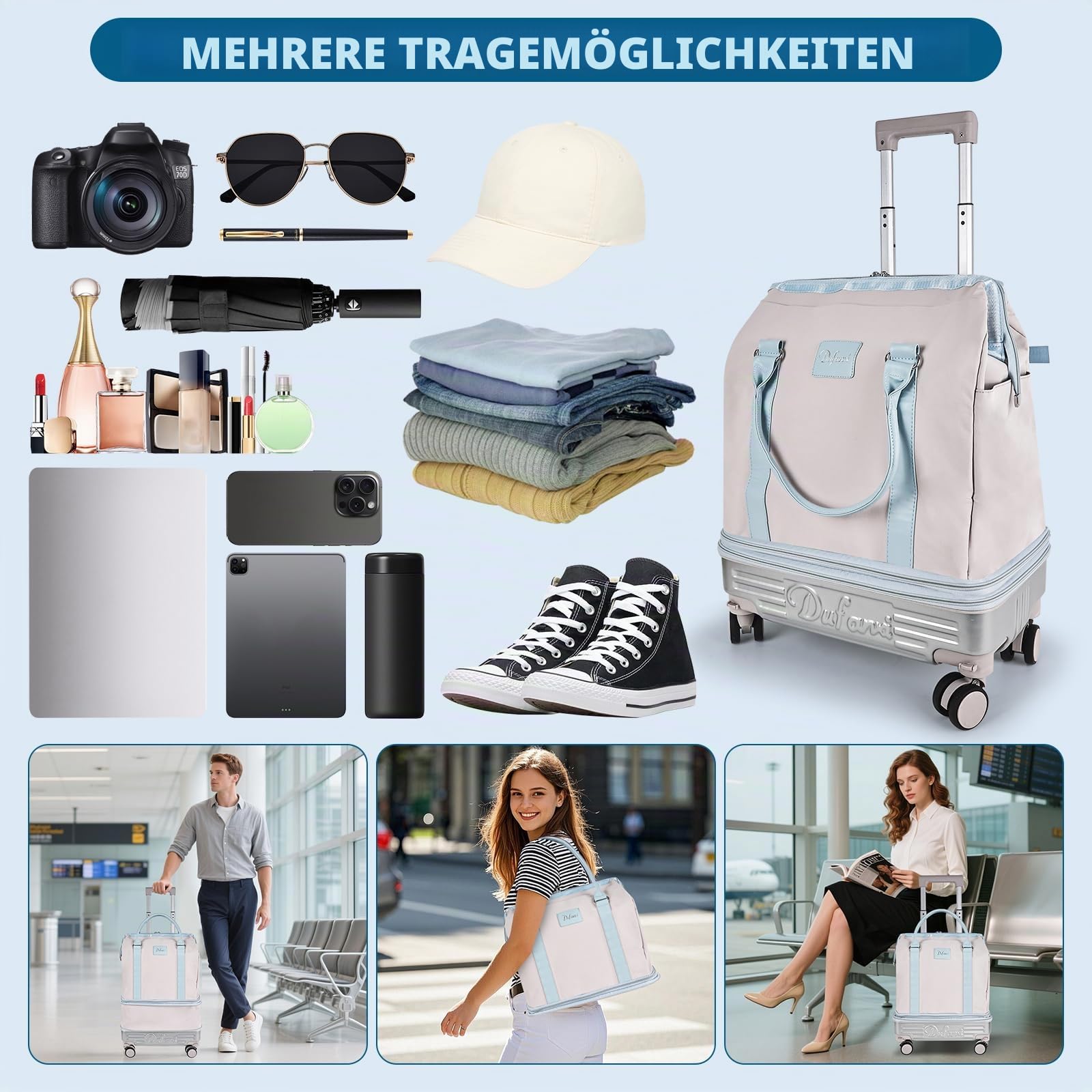 Hivexagon Faltbare Reisetasche mit Rollen, abnehmbaren Spinner-Rollen, erweiterbarem Fassungsvermögen, leicht und wasserdicht – ideal für Reisen und Shopping – Beige