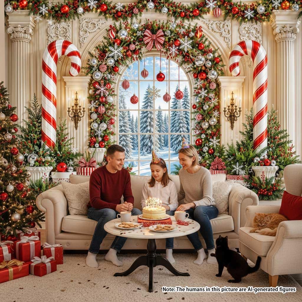 Arche enneigée Fenêtre Couronne de Noël Photographie Toile de fond Décoration de fête de Noël | Boîte cadeau en forme de sapin de neige pour Noël, hiver, vacances, famille, gâteau, table, photomaton, décoration 3 x 2,4 m