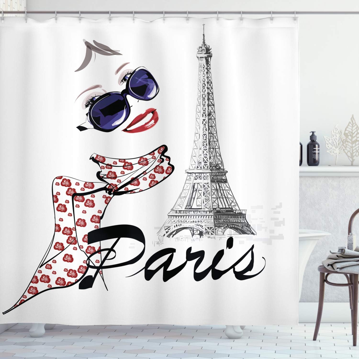 Ambesonne Paris Shower Curtain, Sketchy Image of a Woman Smiling with Scarf and Landmark Eiffel Tower, Cloth Fabric Bathroom Decor Set with Hooks, 69" W x 75" L, Blue Black