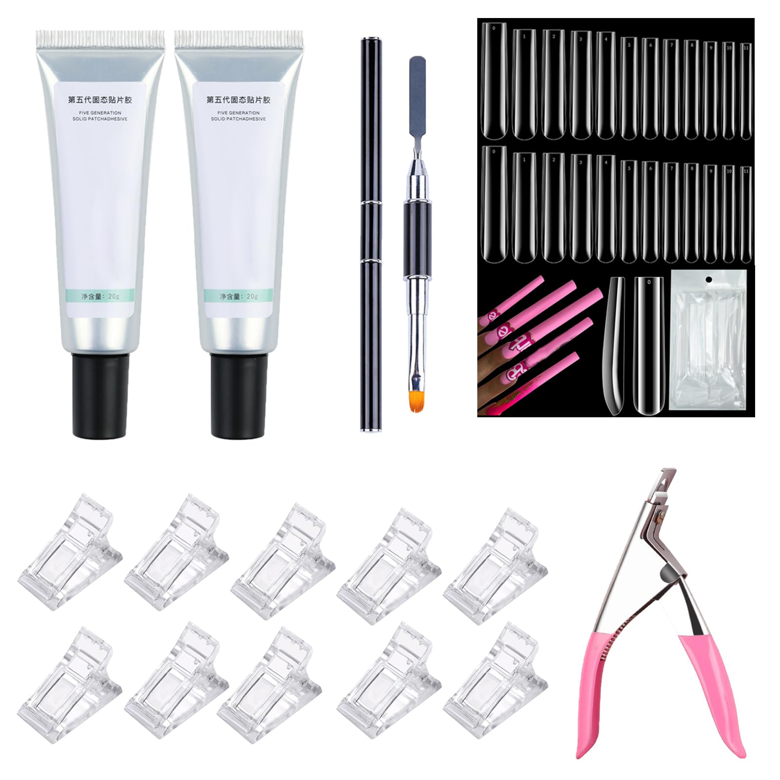 Tip Unghie e Colla Gel Kit, 2PC Colla Solida per unghie,120Pc Tip Unghie Ricostruzione, Unghie Ricostruzione Pennello,10Pc Clip Trasparente per Unghie,Tagliaunghie,per Saloni e Uso Domestico Nail Art
