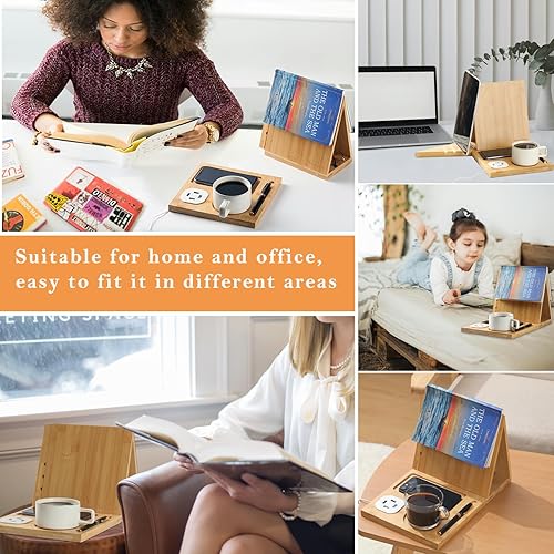 Miniatura 7 de Book Nook - Soporte de valet de lectura, soporte de libro de madera con portavasos y puertos de carga USB, soporte plegable para libros triangular,