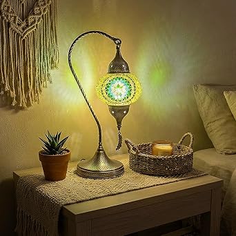 Yarra-Decor Turkish Moroccan Mosaic Table Lamp - 19 Tiffany Style Bedside Light with Bronze Base, 3 Color Options LED, Handmade Boho Accent Lighting (Green1)
