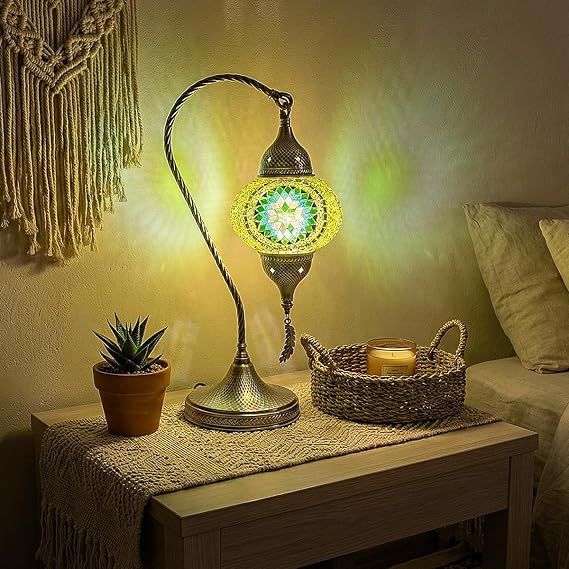 Yarra-Decor Turkish Moroccan Mosaic Table Lamp - 19 Tiffany Style Bedside Light with Bronze Base, 3 Color Options LED, Handmade Boho Accent Lighting (Green1)