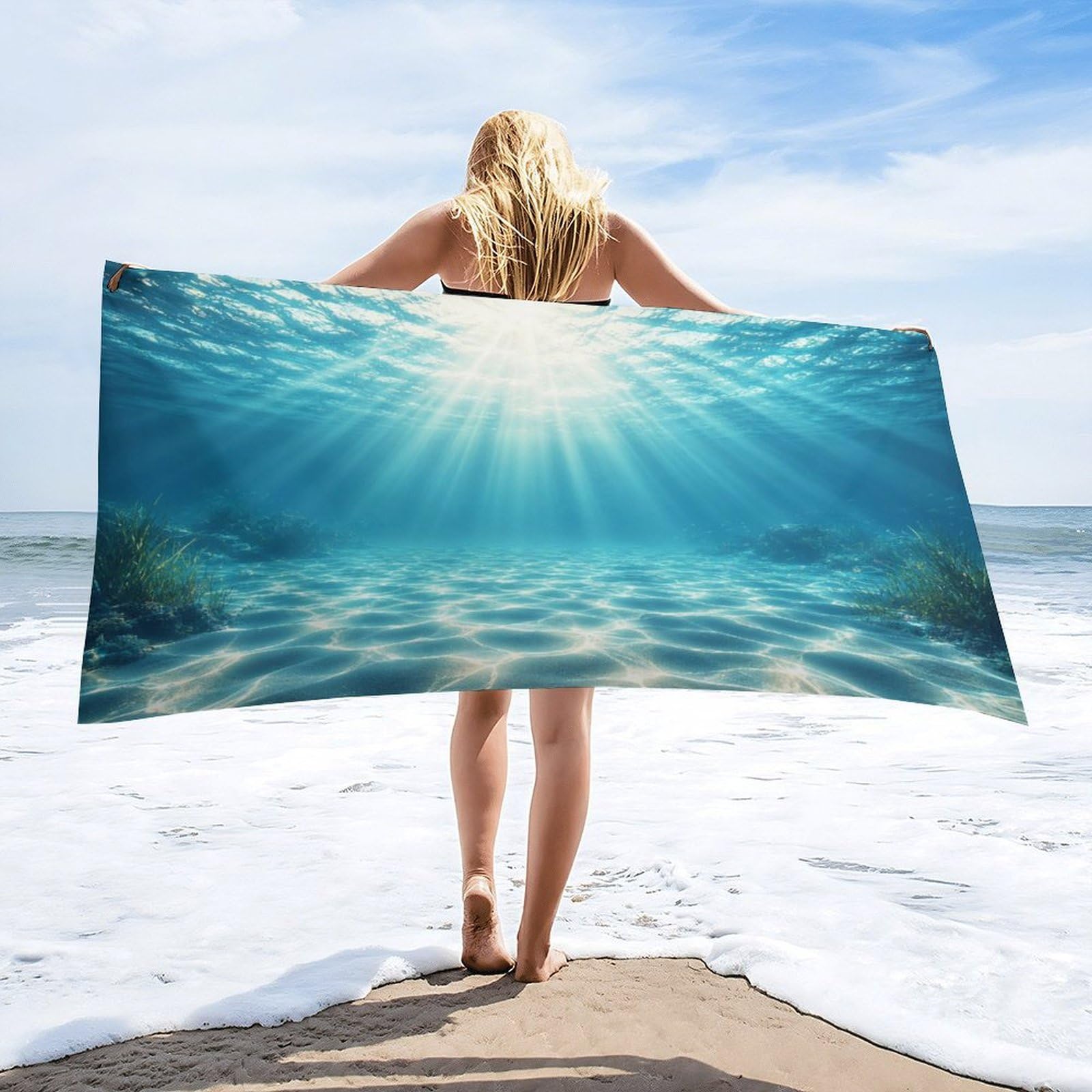 Anceky Underwater Ocean Sunlight Scene Beach Towel 30"×60",Soft Microfiber Bath Towel Shawl, Quick Dry Absorbent Pool Spa Gym Shower Towel